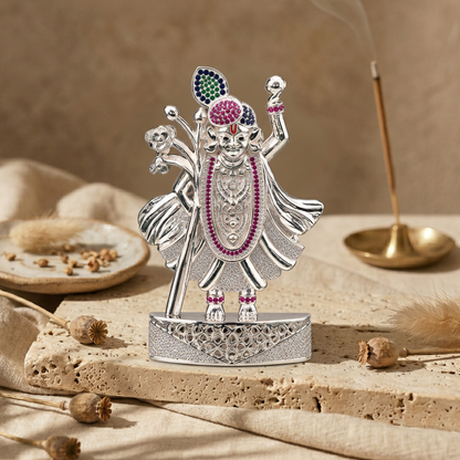 Silver Tone Shrinathji Idol with Multicolor Stone Work