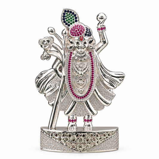 Silver Tone Shrinathji Idol with Multicolor Stone Work