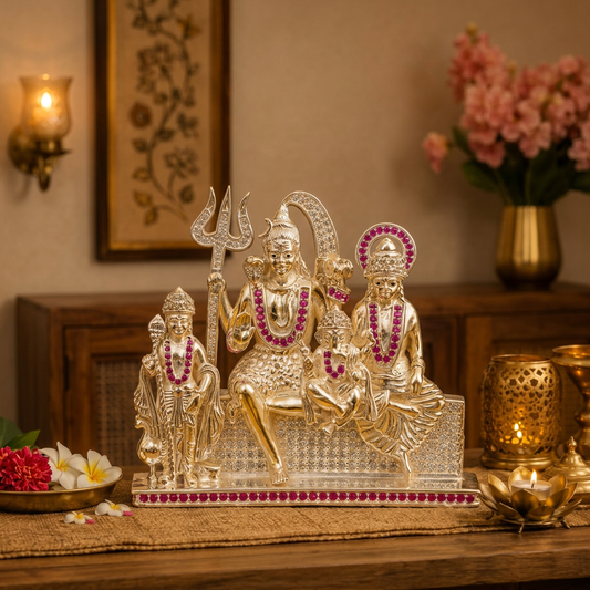 Silver Tone Shiva Parivar Idol with Pink & Clear Stone Work