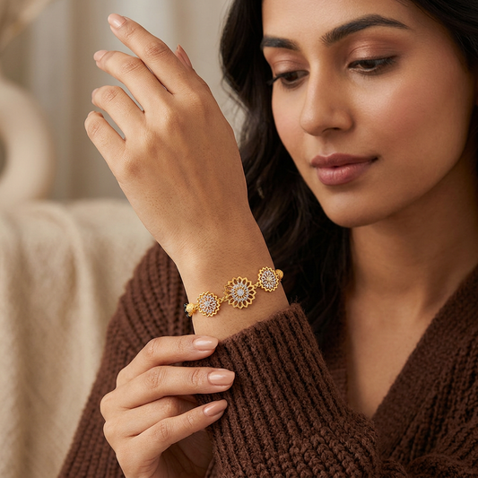 Golden Dahlia Starburst Trio Ladies Bracelet | 925 Sterling Silver