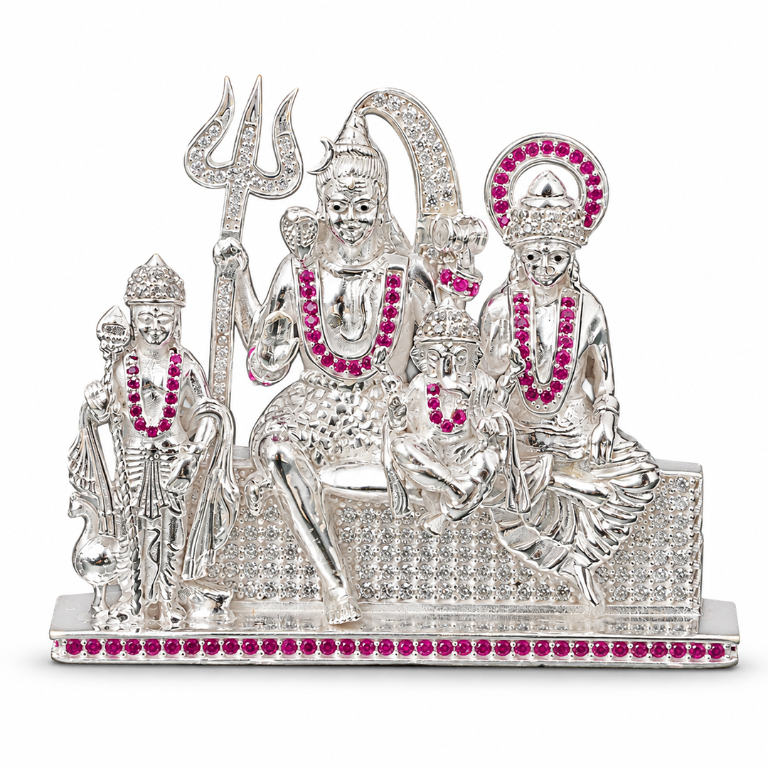 Silver Tone Shiva Parivar Idol with Pink & Clear Stone Work