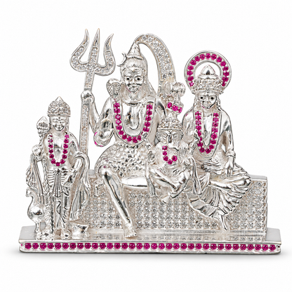Silver Tone Shiva Parivar Idol with Pink & Clear Stone Work