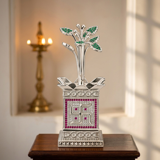 Silver Tone Tulsi Plant Showpiece with Swastik & Multicolor Stone Work