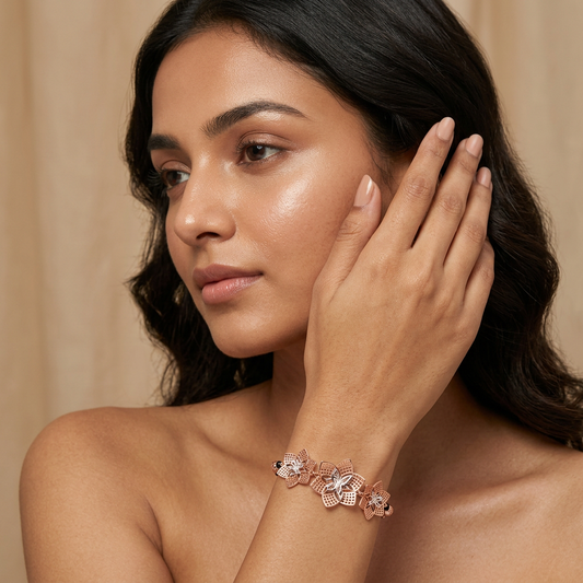 Rose Gold Grid Petal Bloom Ladies Bracelet | 925 Sterling Silver