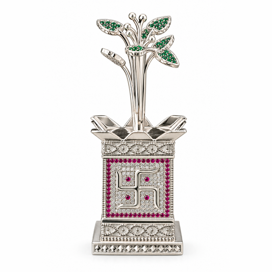 Silver Tone Tulsi Plant Showpiece with Swastik & Multicolor Stone Work