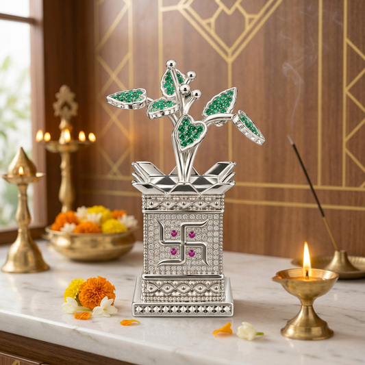 Silver Tone Tulsi Plant Showpiece with Green Stone Leaves & Swastik Design
