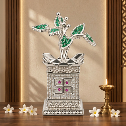Silver Tone Tulsi Plant Showpiece with Green Stone Leaves & Swastik Design
