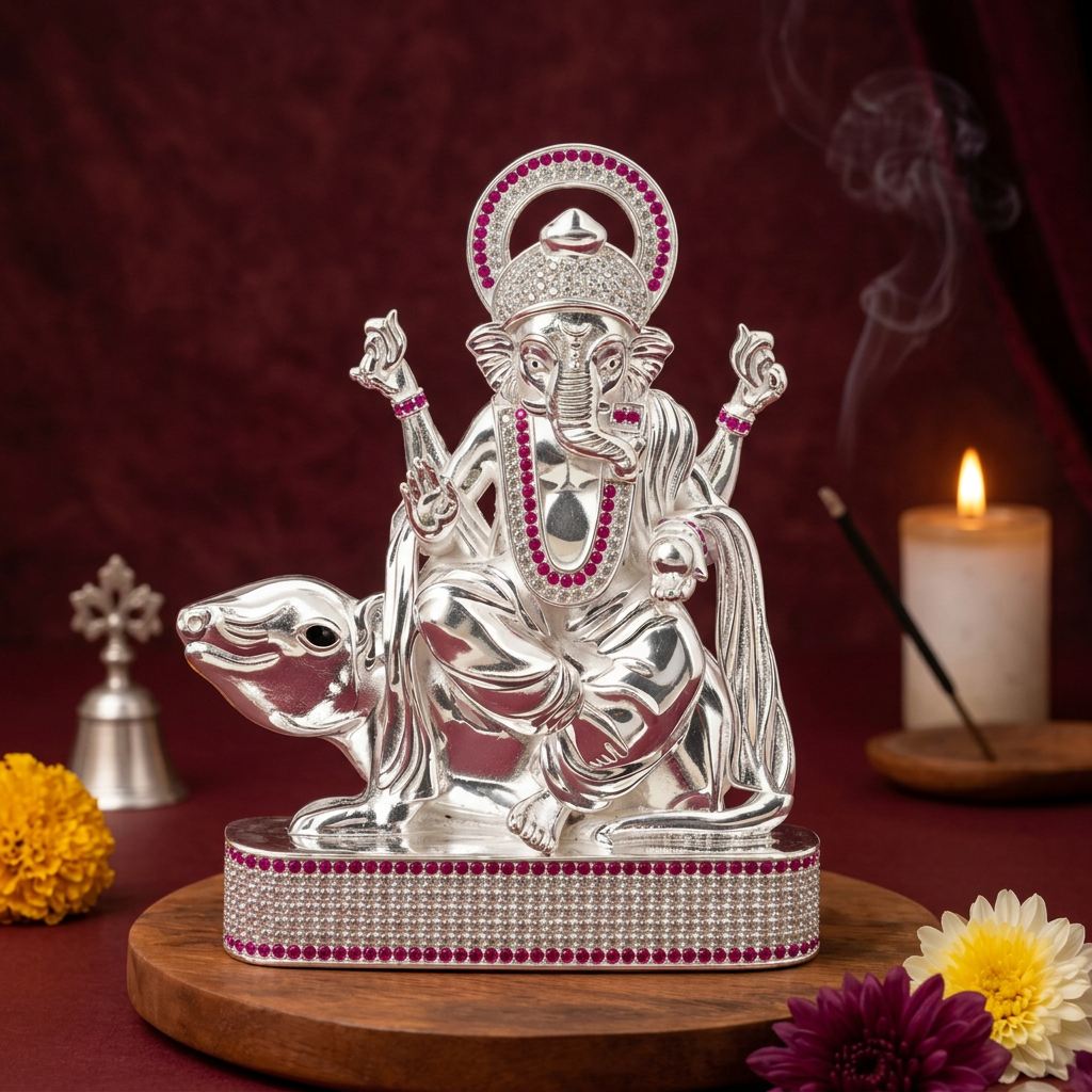 Silver Tone Lord Ganesha Idol with Mushak & Pink Clear Stone Work
