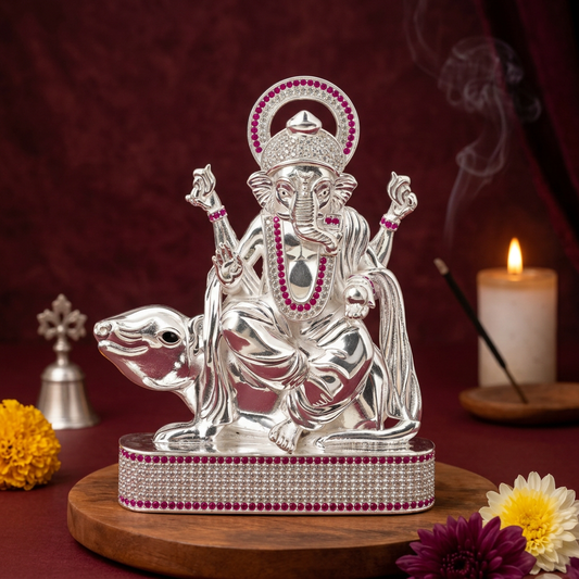 Silver Tone Lord Ganesha Idol with Mushak & Pink Clear Stone Work