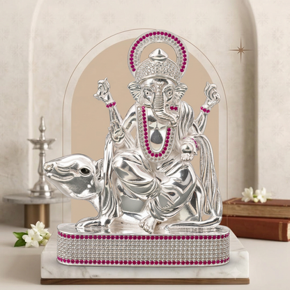 Silver Tone Lord Ganesha Idol with Mushak & Pink Clear Stone Work