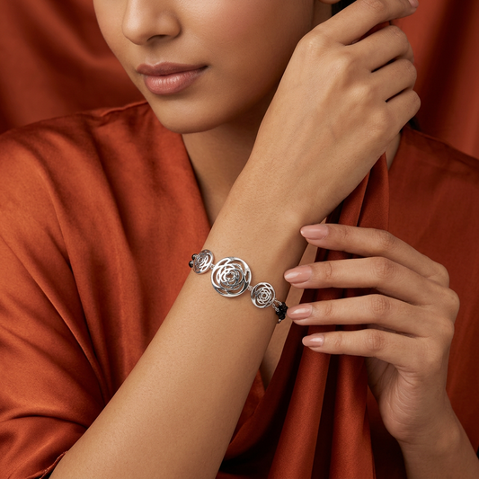 Silver Camellia Cut-Out Disc Ladies Bracelet | 925 Sterling Silver
