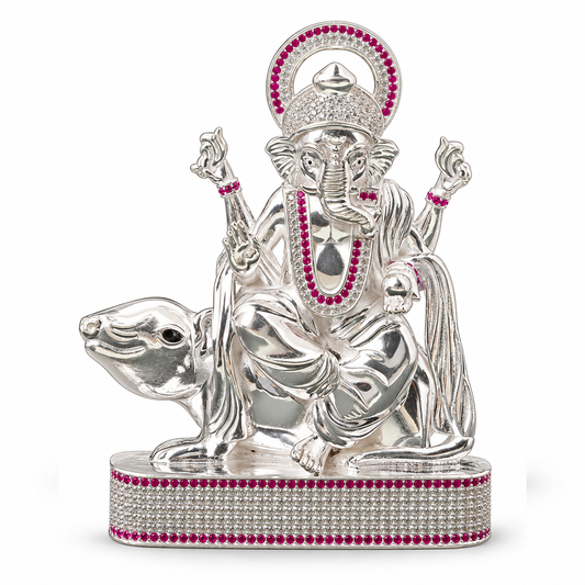 Silver Tone Lord Ganesha Idol with Mushak & Pink Clear Stone Work