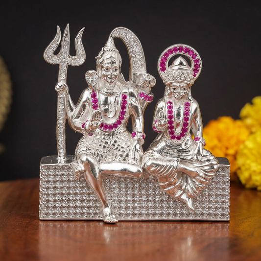 Silver Tone Lord Shiva & Sai Baba Idol with Pink and Clear Stone Work