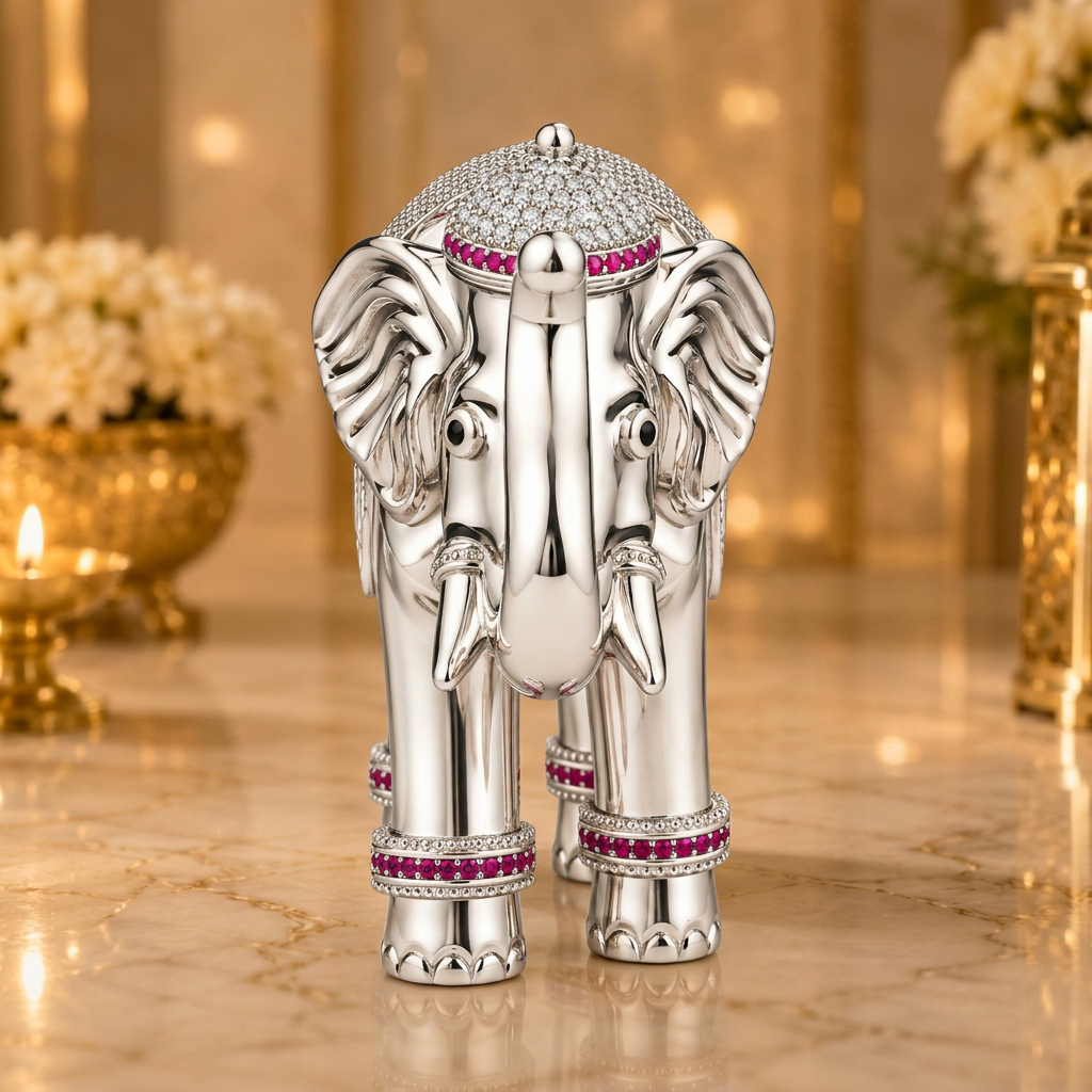 Silver Tone Decorative Elephant Statue with Pink & Clear Stone Work