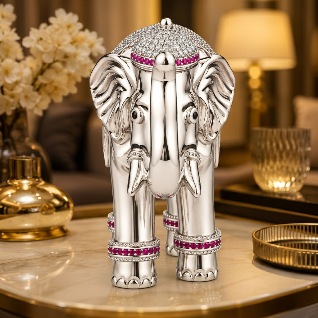 Silver Tone Decorative Elephant Statue with Pink & Clear Stone Work