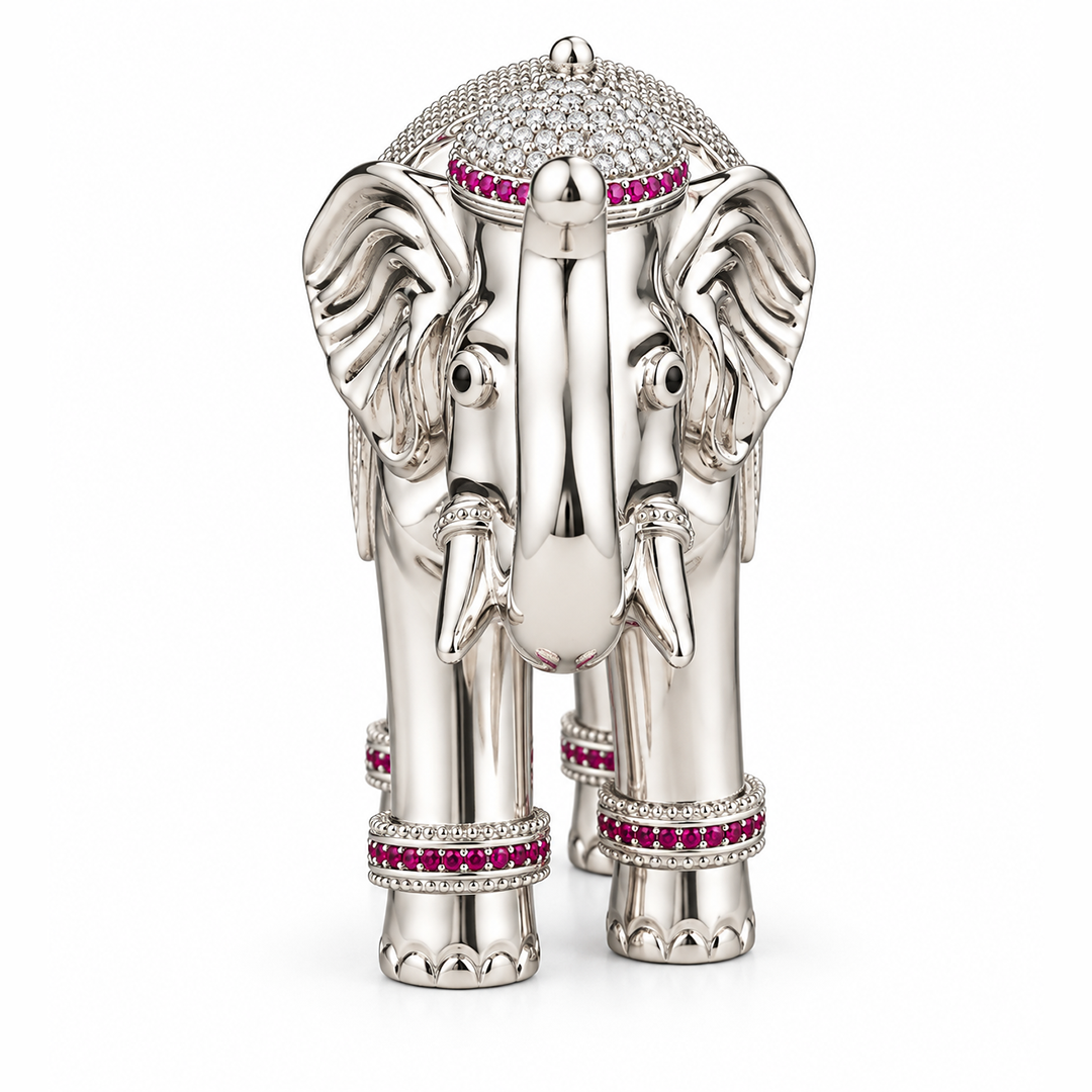 Silver Tone Decorative Elephant Statue with Pink & Clear Stone Work