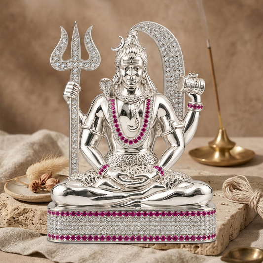 Silver Tone Lord Shiva Idol with Trishul, Damru & Pink Stone Embellishments