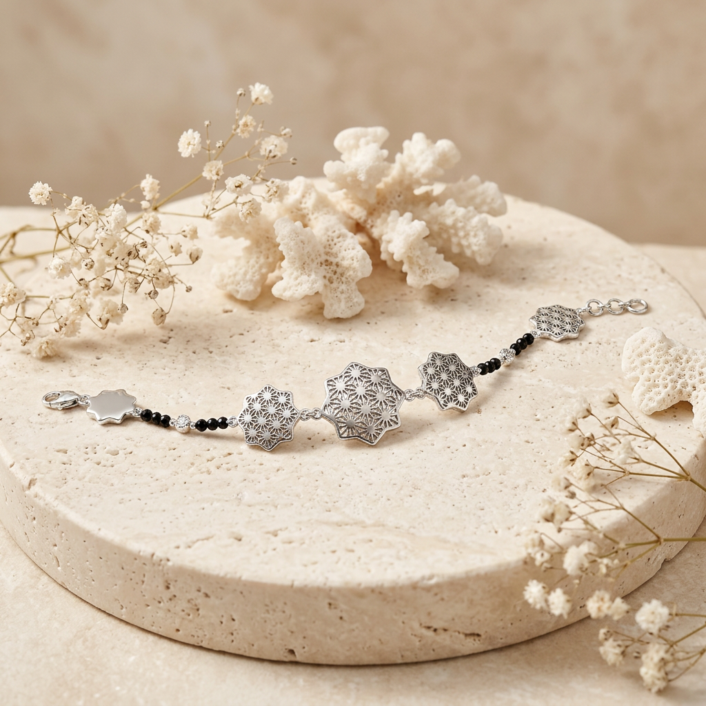 Silver Star Lattice Bead Chain Ladies Bracelet | 925 Sterling Silver