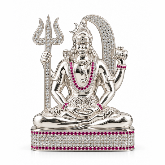 Silver Tone Lord Shiva Idol with Trishul, Damru & Pink Stone Embellishments