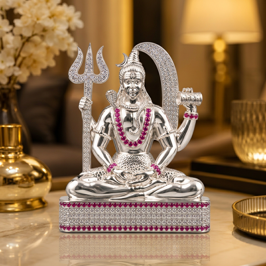 Silver Tone Lord Shiva Idol with Trishul, Damru with Stone Work