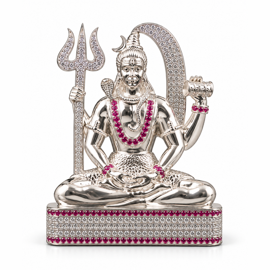 Silver Tone Lord Shiva Idol with Trishul, Damru with Stone Work