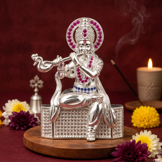 Silver Tone Lord Krishna Idol with Flute & Pink Blue Stone Work