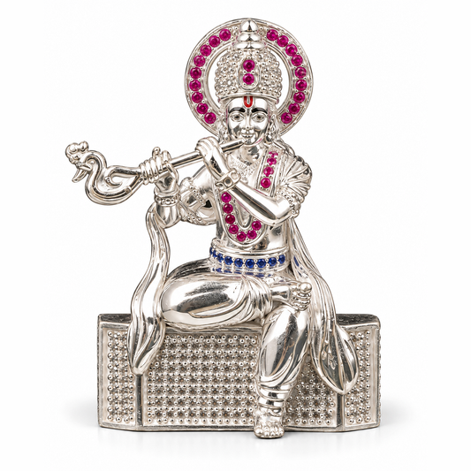 Silver Tone Lord Krishna Idol with Flute & Pink Blue Stone Work