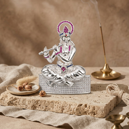 Silver Tone Lord Krishna Idol with Flute & Multicolor Stone Work