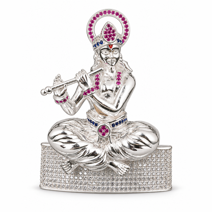 Silver Tone Lord Krishna Idol with Flute & Multicolor Stone Work