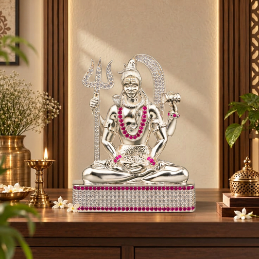 Silver Tone Lord Shiva Idol with Trishul, Damru & Pink Stone Work