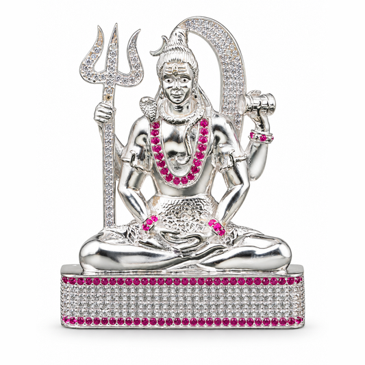 Silver Tone Lord Shiva Idol with Trishul, Damru & Pink Stone Work