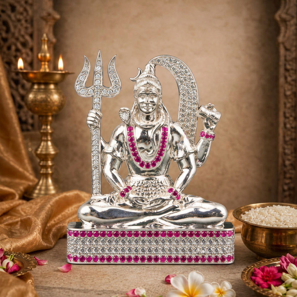 Silver Tone Lord Shiva Idol with Trishul, Damru & Stone Embellishments
