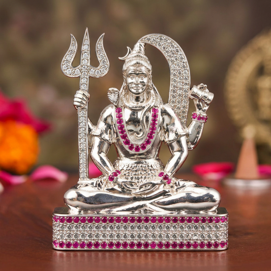 Silver Tone Lord Shiva Idol with Trishul, Damru & Stone Embellishments