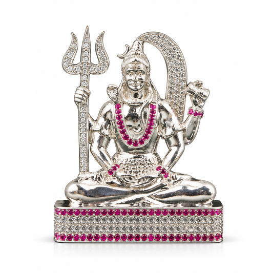 Silver Tone Lord Shiva Idol with Trishul, Damru & Stone Embellishments