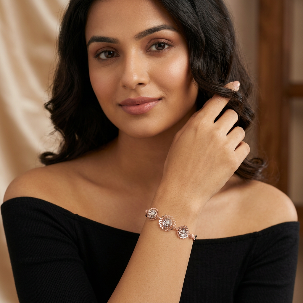 Rose Gold Dahlia Twin Bead Ladies Bracelet | 925 Sterling Silver