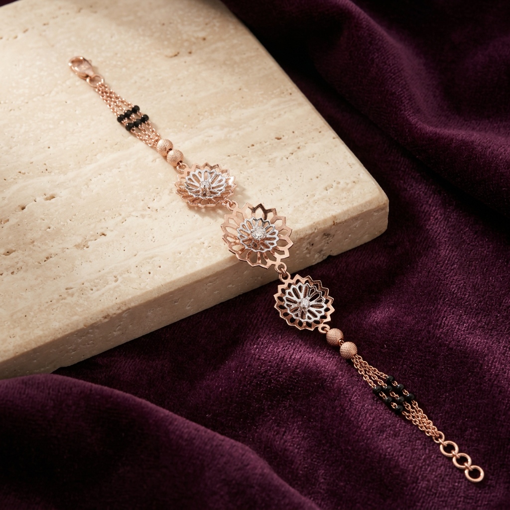Rose Gold Dahlia Twin Bead Ladies Bracelet | 925 Sterling Silver