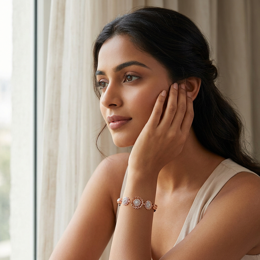 Rose Gold Dahlia Barrel Accent Ladies Bracelet | 925 Sterling Silver