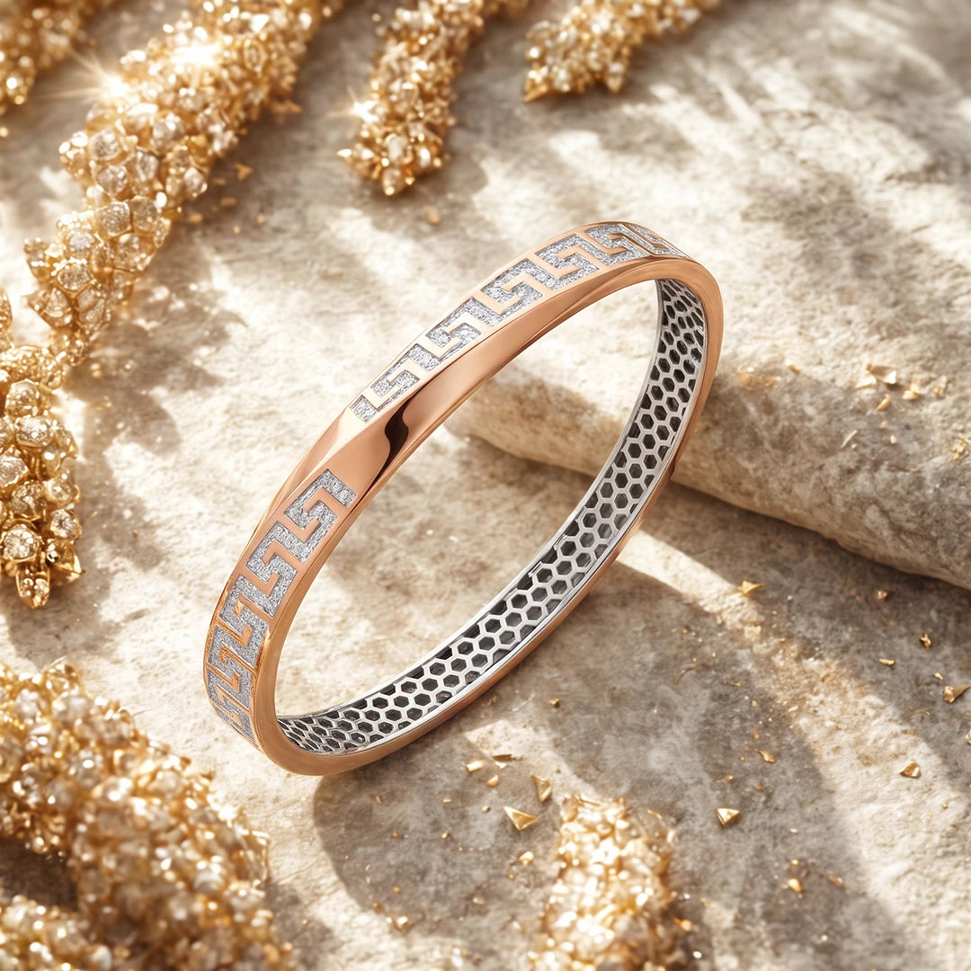 Rose-Tone Greek Key Inlay Ladies Bangle | 925 Sterling Silver