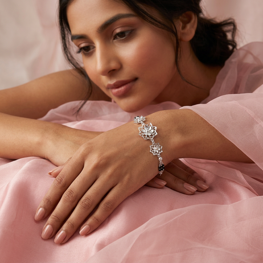 Silver Layered Lotus Star Trio Ladies Bracelet | 925 Sterling Silver