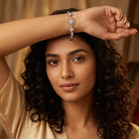 Silver Lotus Frame Heart Barrel Ladies Bracelet | 925 Sterling Silver