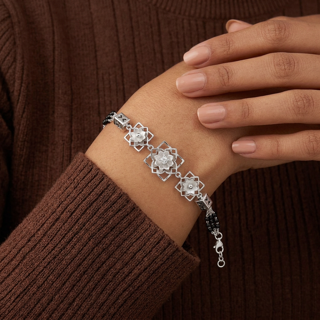 Silver Lotus Frame Heart Barrel Ladies Bracelet | 925 Sterling Silver