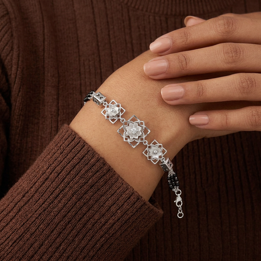 Silver Lotus Frame Heart Barrel Ladies Bracelet | 925 Sterling Silver