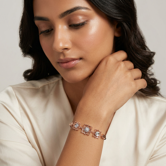 Rose Gold Lotus Frame Cube Accent Ladies Bracelet | 925 Sterling Silver