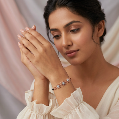 Rose Gold Lotus Frame Cube Accent Ladies Bracelet | 925 Sterling Silver