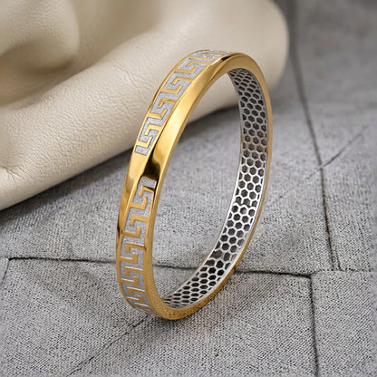 Gold-Tone Greek Key Inlay Ladies Bangle | 925 Sterling Silver