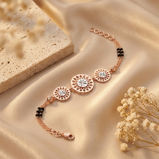 Sunpetal Trio Black Bead Ladies Bracelet | 925 Sterling Silver