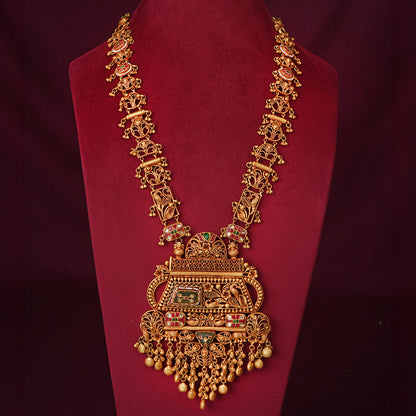 Antique Heritage Long Necklace Set with Ornate Pendant & Earrings
