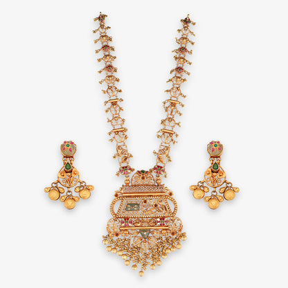 Antique Heritage Long Necklace Set with Ornate Pendant & Earrings