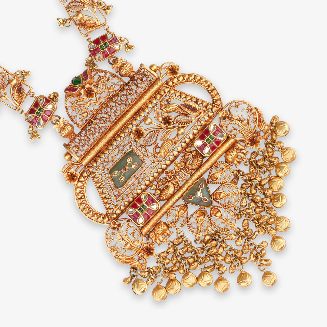 Antique Heritage Long Necklace Set with Ornate Pendant & Earrings
