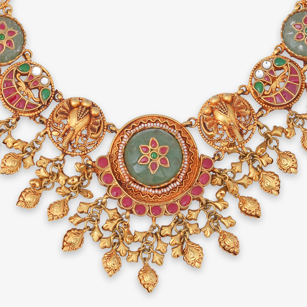 Elephant & Floral Heritage Necklace Set with Matching Earrings